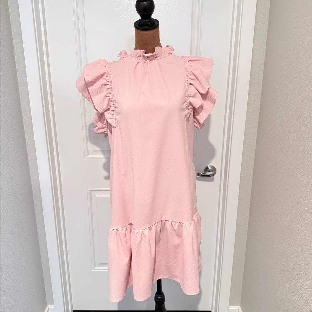 Pink Ruffle Sleeve Shift Dress High Neck Flutter Sleeve Tiered Mini Size XL